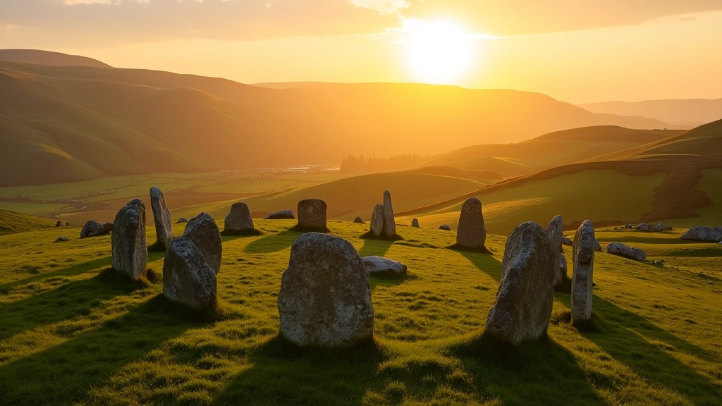 Drombeg stone circle at sunset with green countryside surrounding the ancient monument