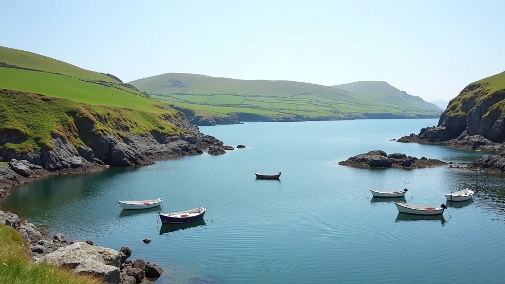 Coastal harbor view with small boats and rolling hills meeting calm water