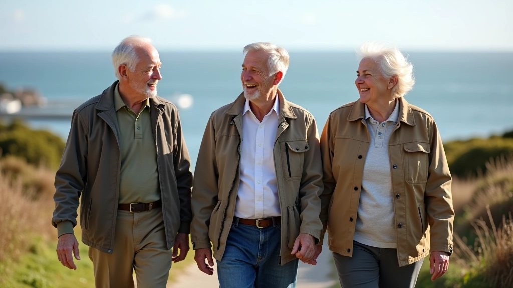 Group of three older adults walking together on sunny coastal path, smiling and conversing